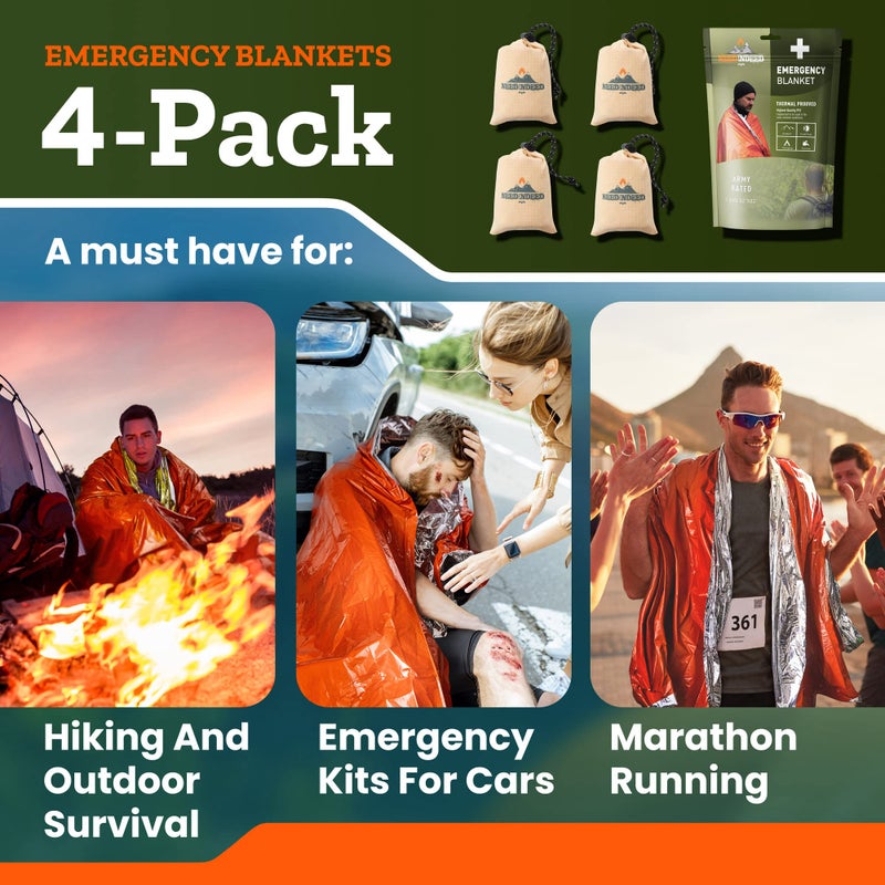 NEEDINDEED 4-Pack Emergency Space Blankets, 83x52 inches, Silver, Polyester, High Thermal Performance, Water Resistant, Compact, Unisex, All Seasons, Survival, Car, Reflective Material, Lightweight - Image 5